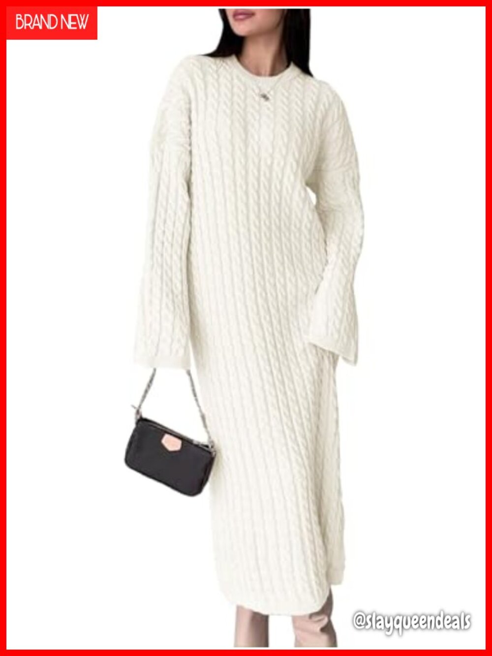 Oversized Cable Knit Sweater Dress Long Sleeve Crew Neck Maxi